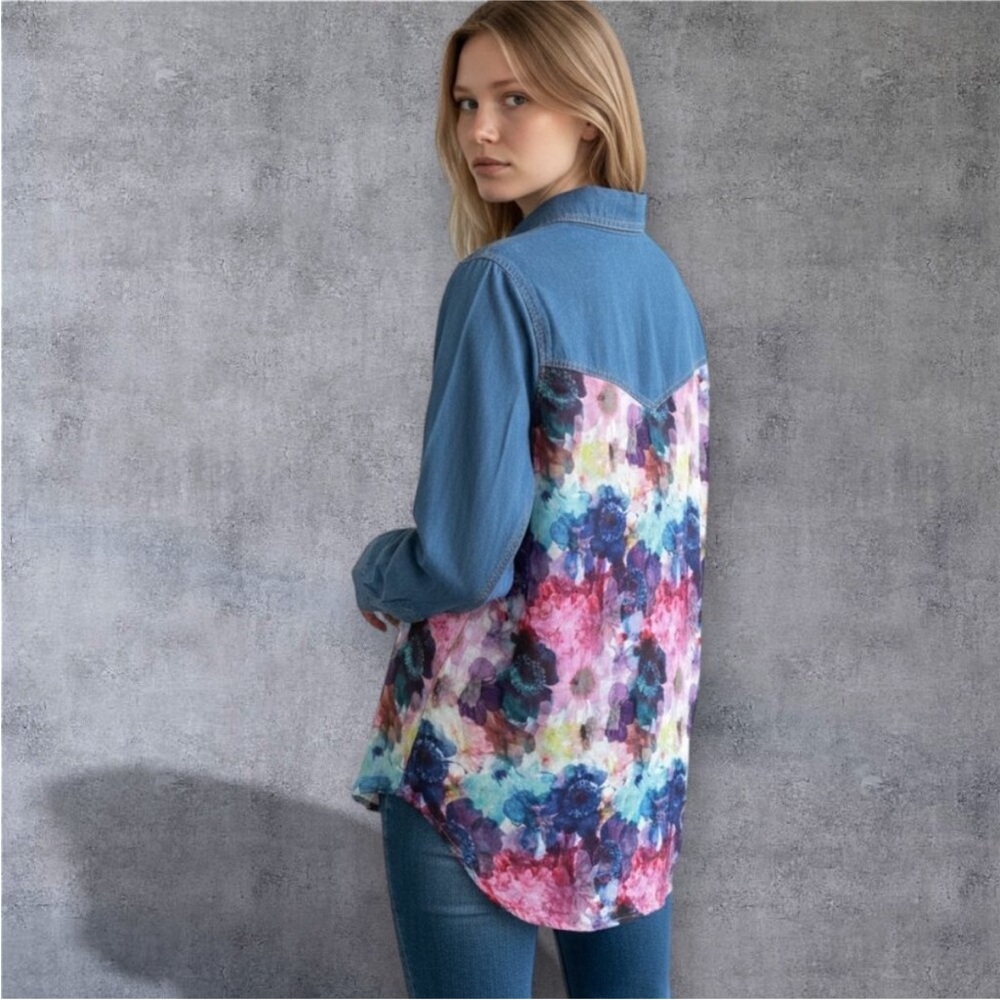 Aratta Back Floral Denim Button Down Shirt